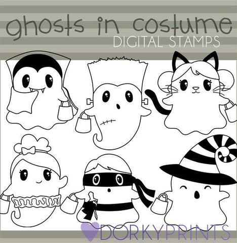 Ghosts in Costume Black Line Halloween Clipart