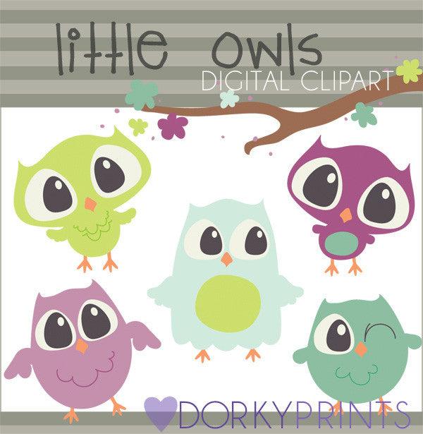 Green and Purple Owls Bird Clipart