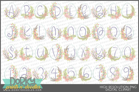 Hand Drawn Easter Eggs and Flowers Alphabet Clipart - Dorky Doodles