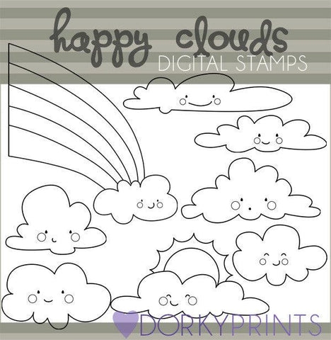 Happy Clouds Black Line Summer Clipart