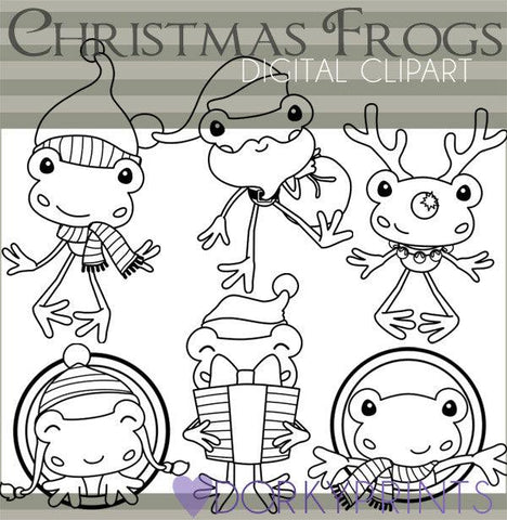 Holiday Frogs Blackline Christmas Clipart