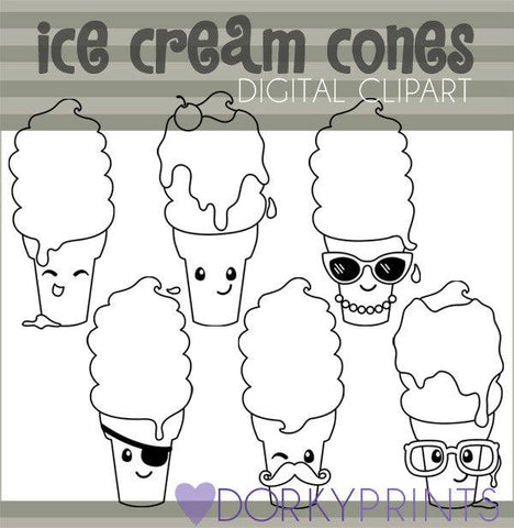 Ice Cream Cones Black Line Summer Clipart