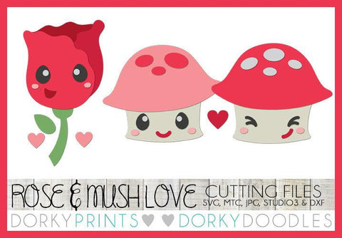 Kawaii Mushrooms and Rose Valentine SVG Cuttable Files