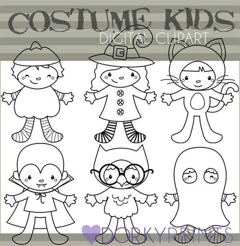 Kids in Costume Black Line Halloween Clipart