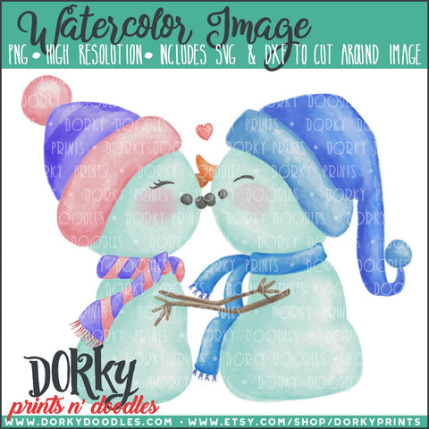 Kissing Snowman Watercolor PNG
