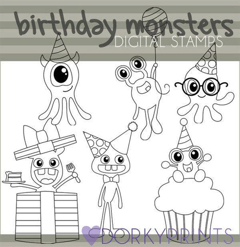 Monsters Black Line Birthday Clipart