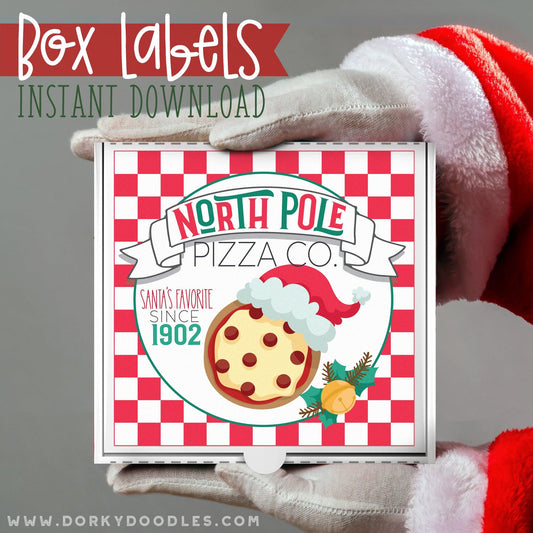 North Pole Christmas Labels for Mini Pizza Box and Gifts - Printables - Dorky Doodles
