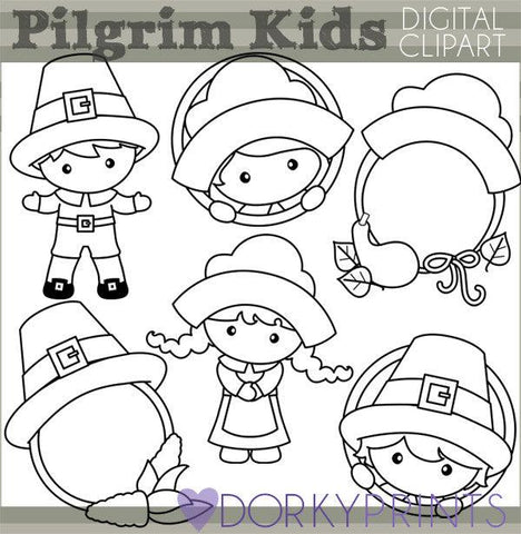 Pilgrim Kids Black Line Thanksgiving Clipart