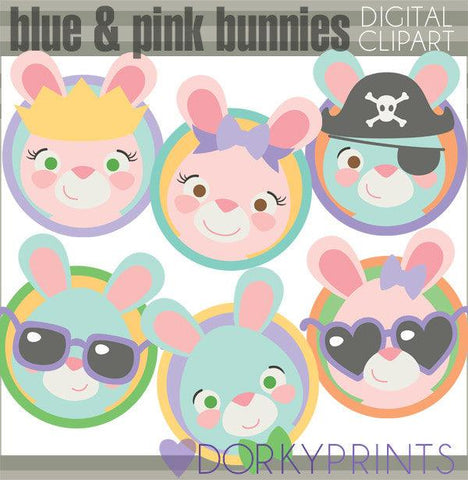 Pink and Blue Bunny Circles Spring Clipart