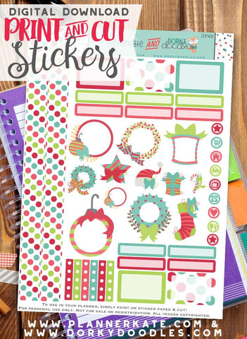Pink and Green Holiday Print and Cut Planner Stickers
