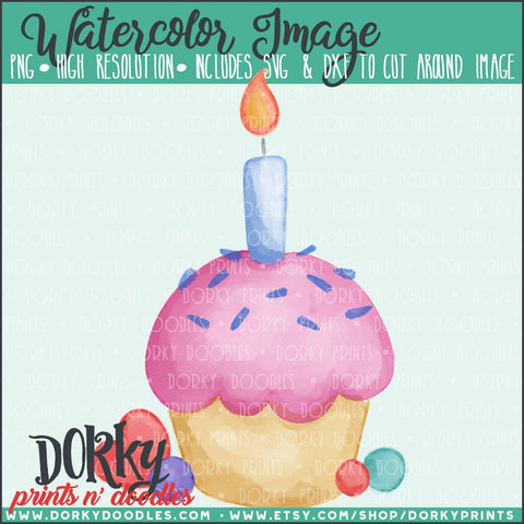 Pink Birthday Cupcake Watercolor PNG