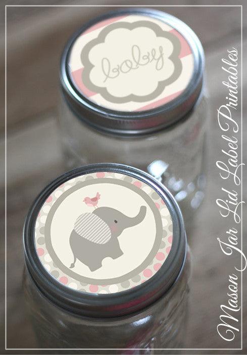 Pink Elephant Mason Jar Lids Baby Shower Printables