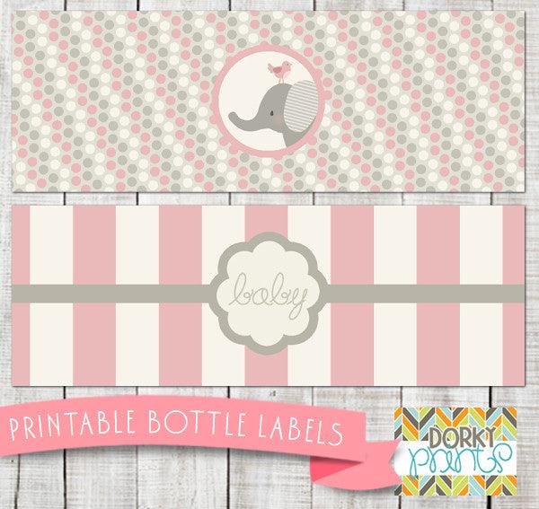 Pink Elephant Water Bottle Labels Baby Shower Printables