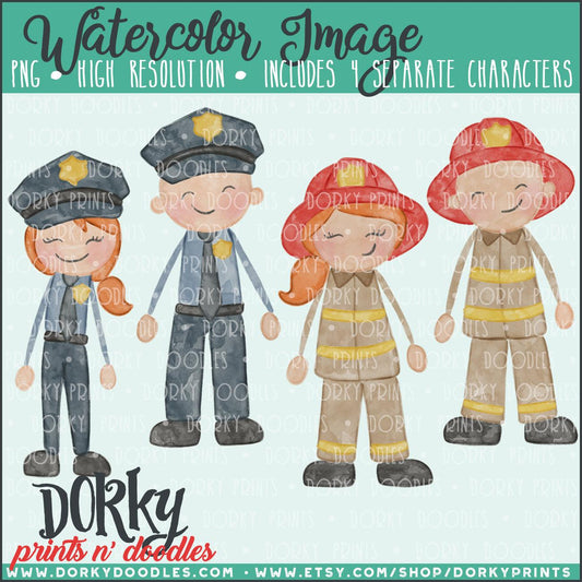 Police and Fire Fighter Watercolor PNG