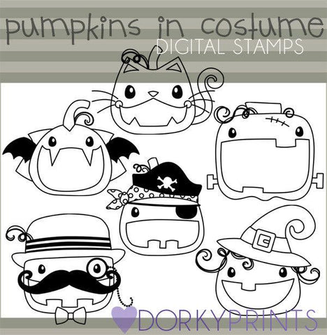 Pumpkins in Costume Black Line Halloween Clipart
