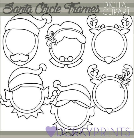 Santa and Elf Circle Frames Black Line Christmas Clipart