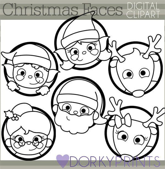 Santa Faces Black Line Christmas Clipart