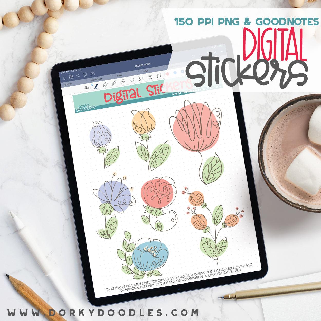 Sketch Style Flowers Digital Planner Stickers