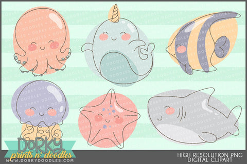 Sketchy Ocean Animals of Summer Clipart