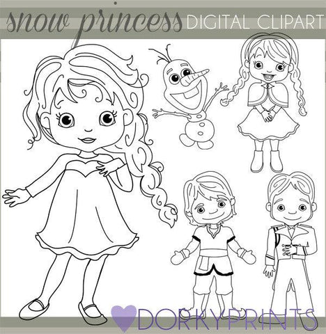 Snow Princess Black Line Character Clipart
