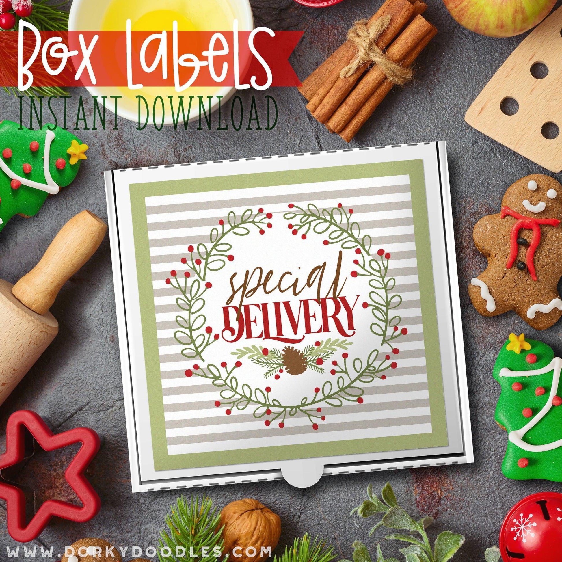 Special Delivery Christmas Labels for Mini Pizza Box and Gifts - Printables - Dorky Doodles