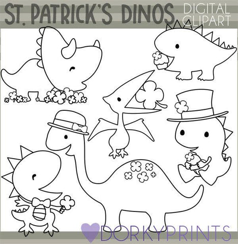 St Patrick's Day Dinosaur Blackline Holiday Clipart