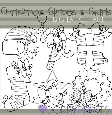 Stripes and Swirls Black Line Christmas Clipart