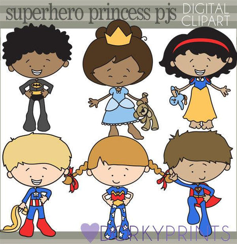 Superhero and Princess Pajama Kid Clipart
