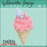 Unicorn Ice Cream Cone Watercolor PNG