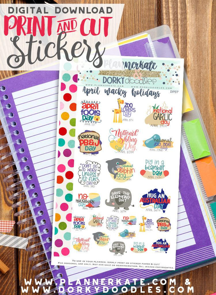 Wacky April Print and Cut Planner Stickers – Dorky Doodles