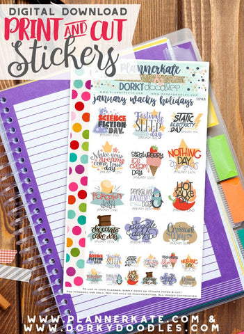 Wacky January Holiday Print and Cut Planner Stickers – Dorky Doodles
