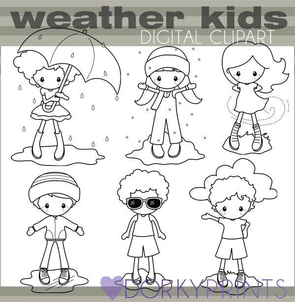 Weather Kids Black Line School Clipart