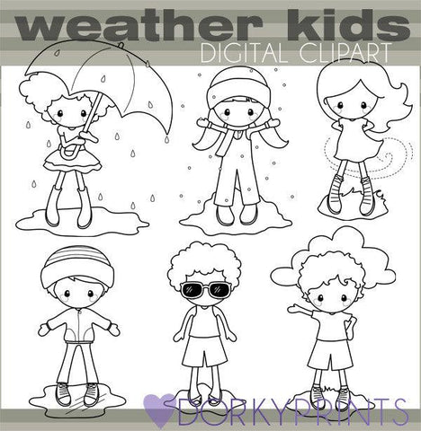 Weather Kids Black Line School Clipart