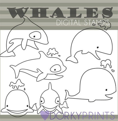 Whales Blackline Summer Clipart