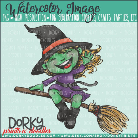Witch on Broomstick Watercolor PNG