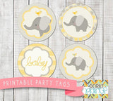 Yellow Elephant Circle Tags Baby Shower Printables