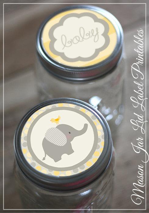 Yellow Elephant Mason Jar Lid Labels Baby Shower Printables