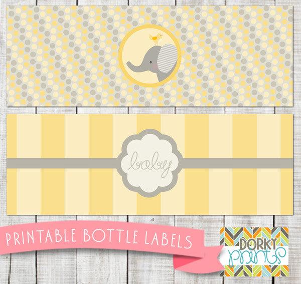 Yellow Elephant Water Bottle Labels Baby Shower Printables